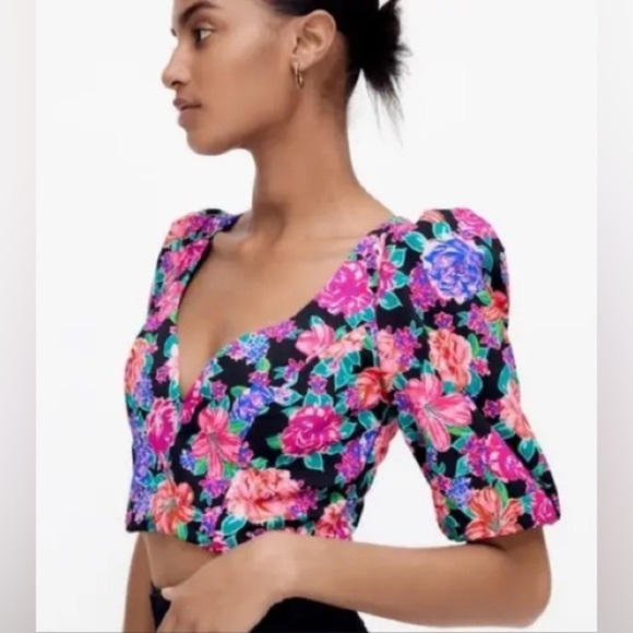 NWOT - Zara Floral Print Puff Sleeve Crop Top Sweetheart Neckline - Size S - Picture 2 of 5